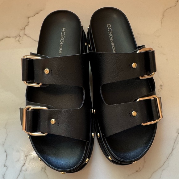 BCBGeneration Black Slide Sandals with Gold Buckles & Studs 7.5 - Picture 1 of 5